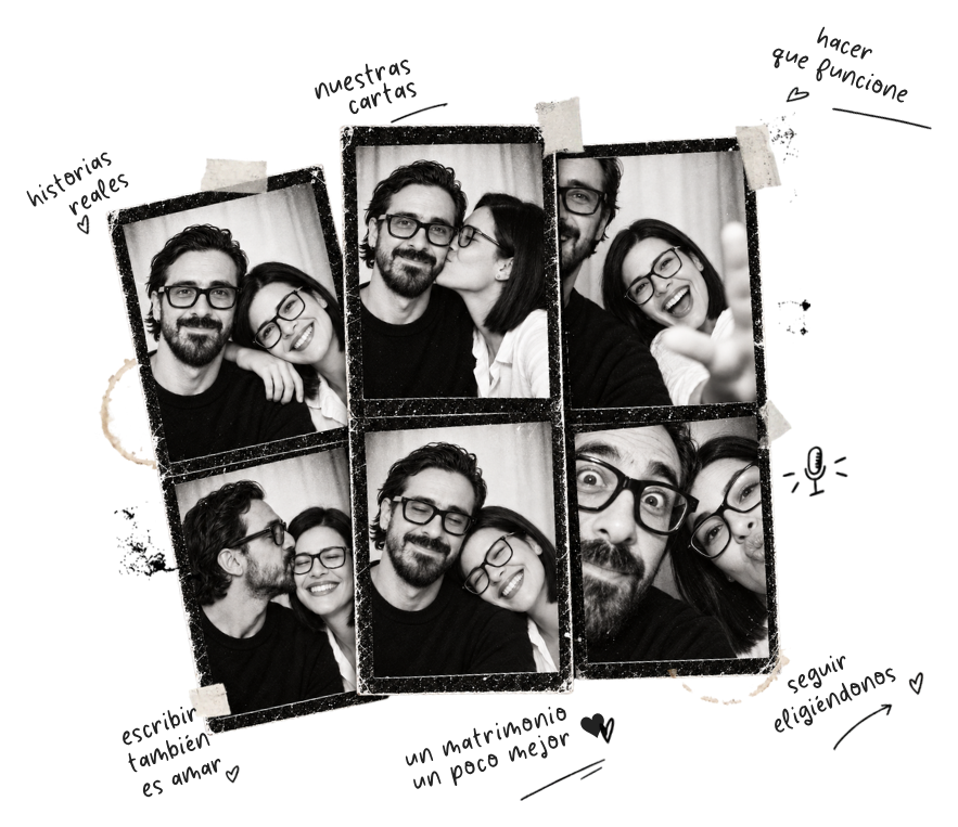 Collage en blanco y negro de Dica y Mauro en seis fotos de cabina pegadas con cinta