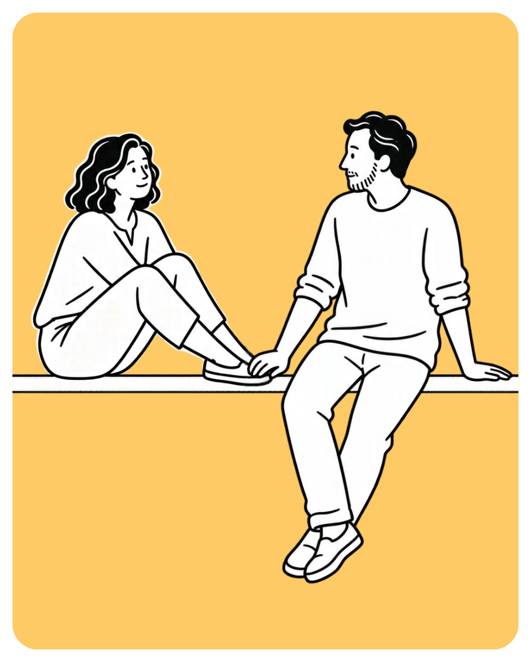 Ilustración de una pareja sentada en una repisa, mirándose y sonriendo