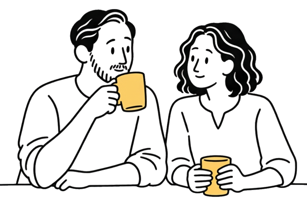 Ilustración de Dica y Mauro conversando cada uno con su taza amarilla