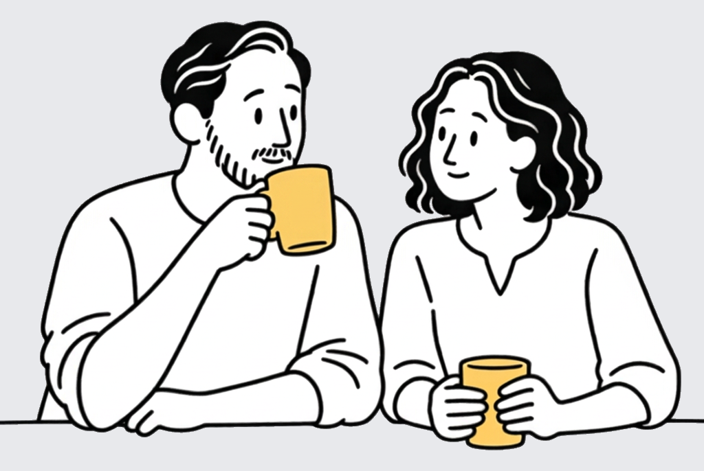 Ilustración de Dica y Mauro conversando cada uno con su taza amarilla